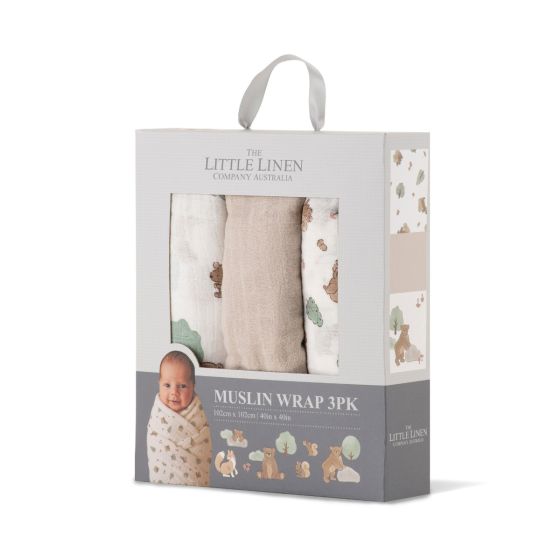 Little Linen Muslin Wraps 3pk - Bushland Bear - Little Linen