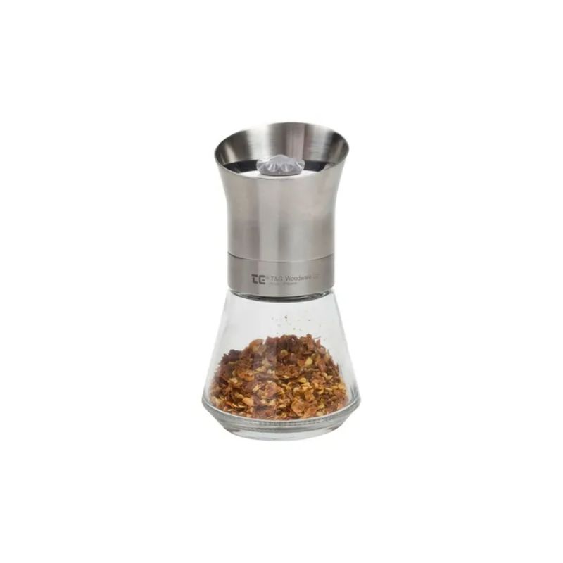 Sleek stainless steel spice mill for grinding herbs and spices, height 125mm, perfect for any kitchen decor.