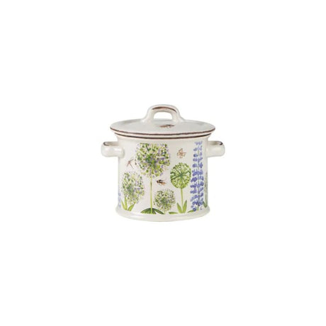 Charming small glass storage jar with Cottage Garden Bee design for organizing kitchen essentials and keeping them fresh.