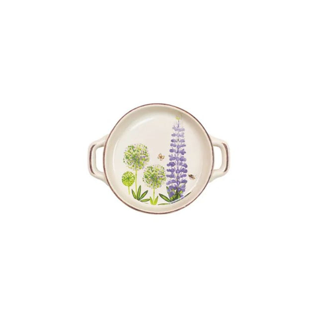 Charming 128mm Round Dish with intricate cottage garden floral design, perfect for serving appetizers or desserts.