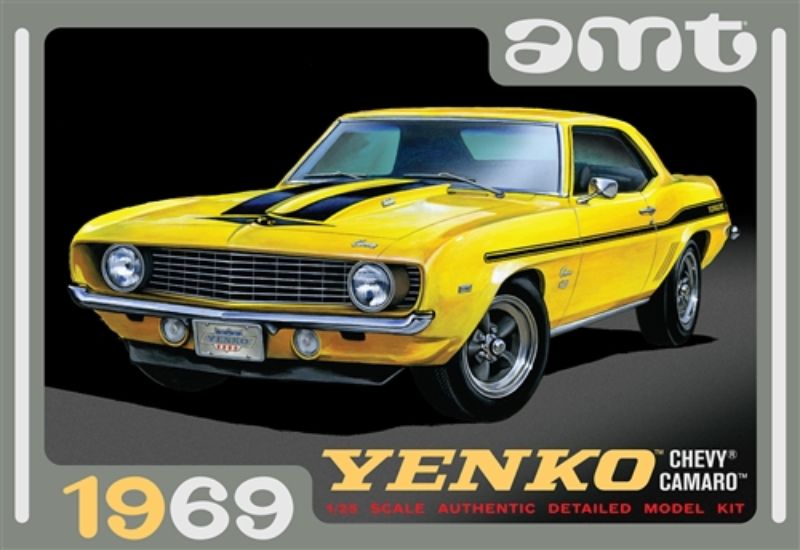 Unassembled 1/25 scale model kit of the 1969 Chevrolet Camaro Yenko by AMT, perfect for hobby enthusiasts and collectors.