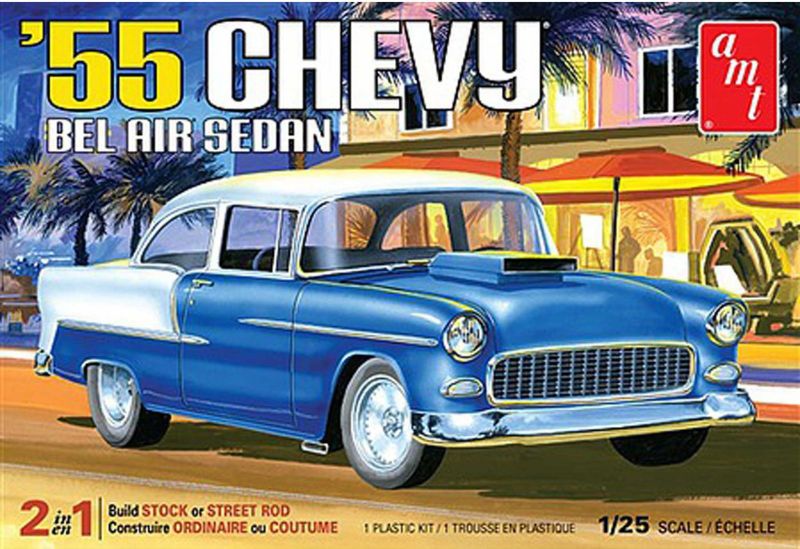 1/25 scale model kit of a 1955 Chevy Bel Air Sedan for hobbyists, requiring glue and paint to complete.