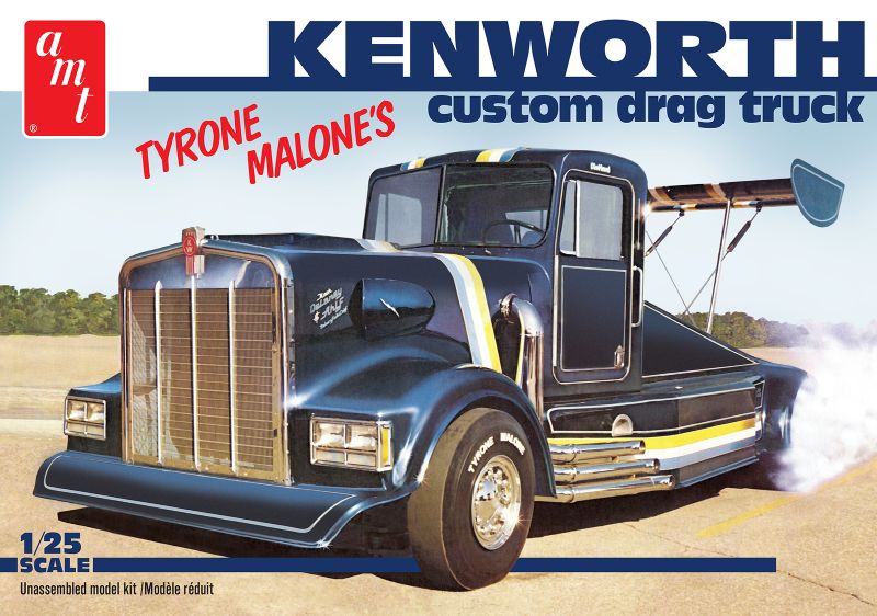 Detailed 1/25 scale plastic model kit of the Kenworth Bandag Bandit drag truck for hobbyists aged 10 and up.