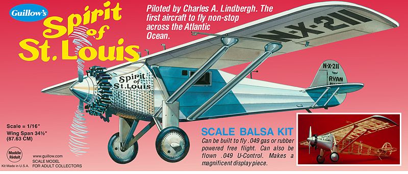 Balsa Glider Kit of the Spirit of St. Louis, 34-inch wingspan, unassembled, ideal for aviation enthusiasts and education.