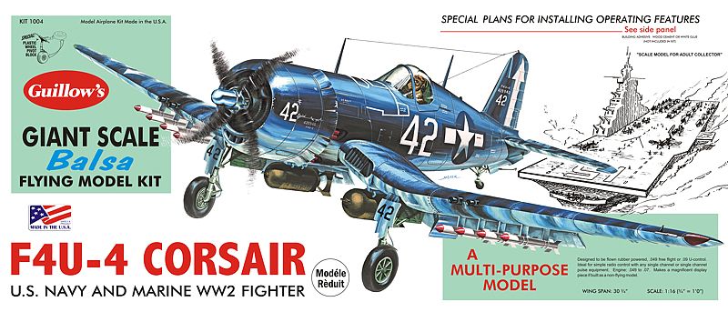 1/16 scale Balsa Glider Kit of F4U-4 Corsair with 30.75-inch wingspan, perfect for model enthusiasts and family projects.