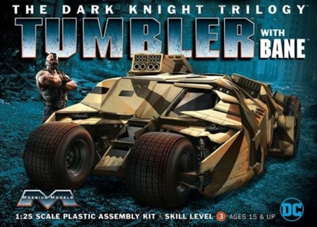 1/25 scale Plastic Kitset of the Dark Knight Tumbler from Moebius Models, includes Bane figure for collectors and builders.