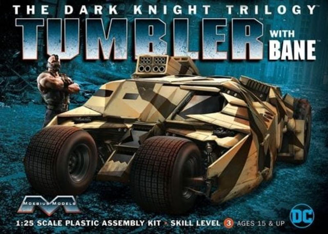 1/25 scale Plastic Kitset of the Dark Knight Tumbler from Moebius Models, includes Bane figure for collectors and builders.