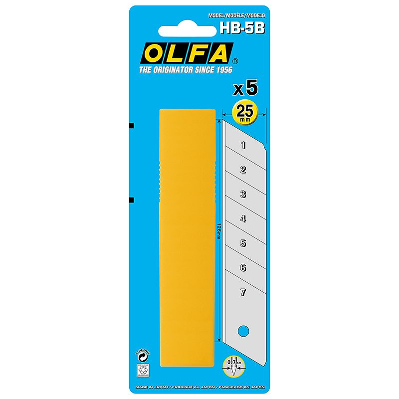 Olfa Standard Snap Off Blade 25mm, heavy-duty 5-pack for precision cutting in DIY and professional projects.