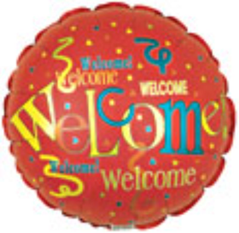 18-inch Welcome Repeat Balloon featuring a vibrant design, perfect for festive celebrations and easy to inflate with helium.