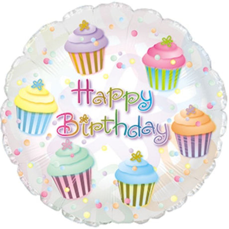 17in Happy Birthday Cupcake Balloon featuring a colorful cupcake design, perfect for festive birthday celebrations.