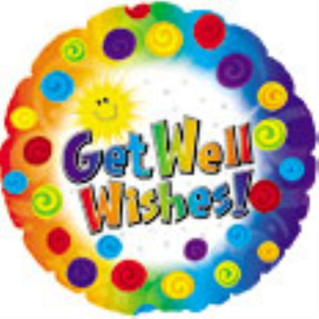 Vibrant 18in Get Well Dots & Swirl Balloon with colorful dots and swirls, perfect for cheering up someone recovering from illness.