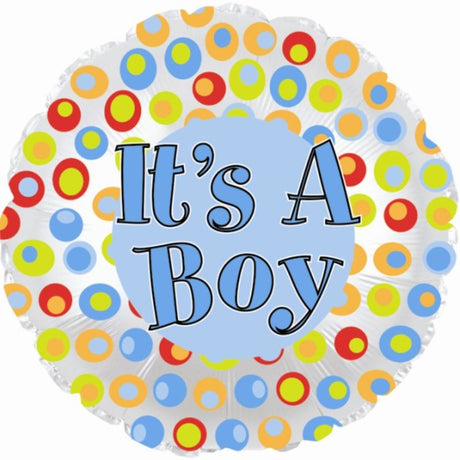 Vibrant 18-inch 'It's A Boy' balloon with colorful polka dots, perfect for baby showers and gender reveals.