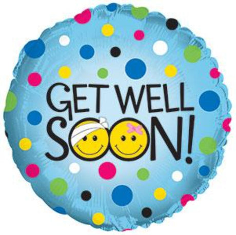 17-inch helium balloon featuring colorful smiley faces, ideal for cheering up loved ones feeling unwell.