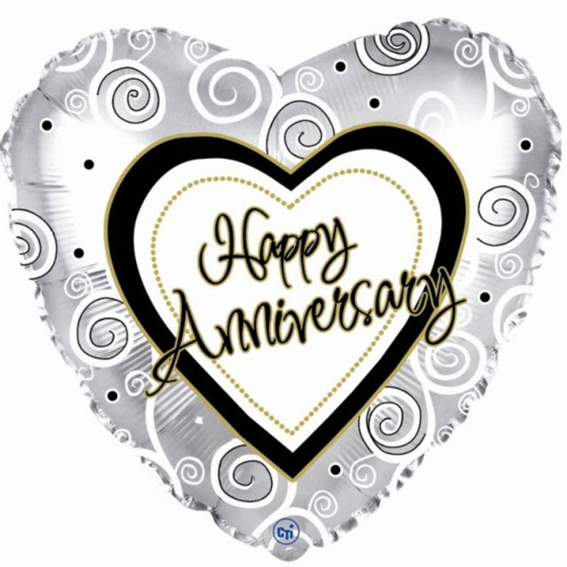 18-inch Anniversary Swirls Balloon featuring vibrant swirl patterns, perfect for romantic celebrations and decorations.