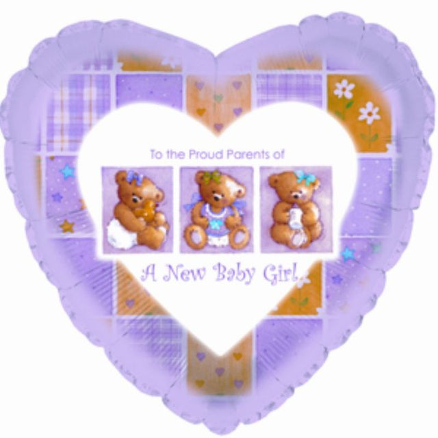 9-inch air-filled balloon in pastel baby girl patchwork design, perfect for celebrations and easy to display with included cup and stick.