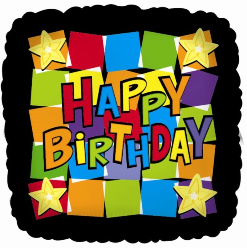 18-inch Happy Birthday balloon with colorful dancing squares, perfect for festive celebrations and decorations.