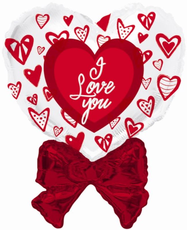 36-inch ILY Crazy Hearts balloon, uninflated, with vibrant heart design for festive celebrations and parties.