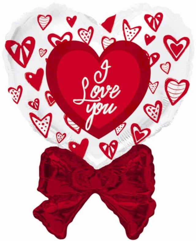 36-inch ILY Crazy Hearts balloon, uninflated, with vibrant heart design for festive celebrations and parties.