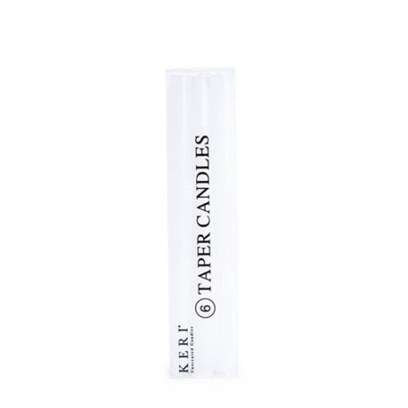 Pack of 6 elegant white taper candles, 25cm tall, perfect for dining tables and special occasions.
