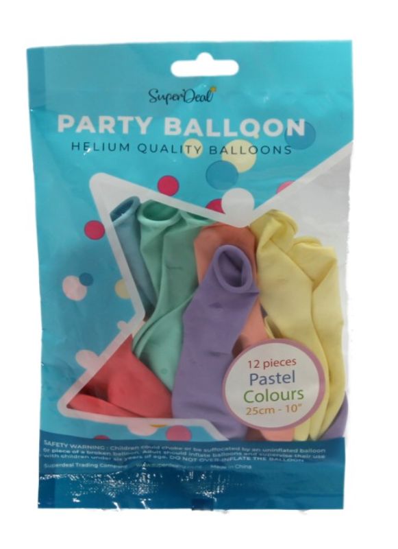 12 pastel latex balloons in soft pink, blue, green, and yellow; perfect for elegant celebrations and décor.
