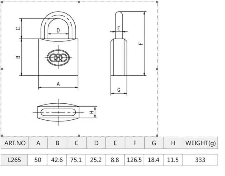 Brass 50mm long shank padlock with hardened steel shackle, ideal for securing gates and storage units.