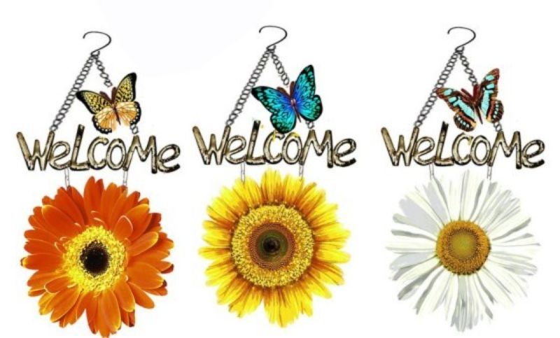 Wall Art - Metal Flower/B/fly Welcome 50cm (Set of 6 Asstd)