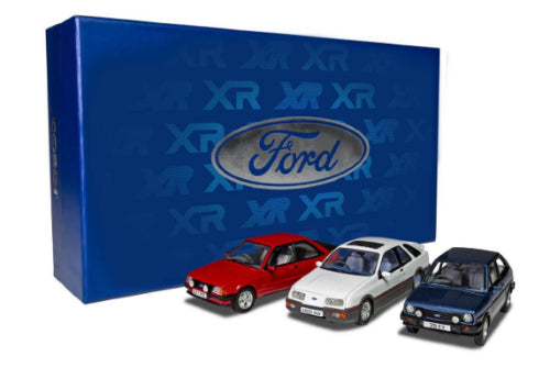 1/43 diecast Ford XR Collection featuring iconic models XR3i, XR2, and XR4i, capturing 1980s automotive nostalgia.