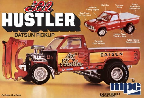 MPC 1/25 1975 Datsun Pickup model kit with detailed supercharged engine and vibrant decals for drag racing enthusiasts.