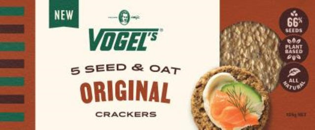 Vogel's 5 Seed Oat Crackers in a 125g pack, featuring a blend of five nutritious seeds for healthy snacking.