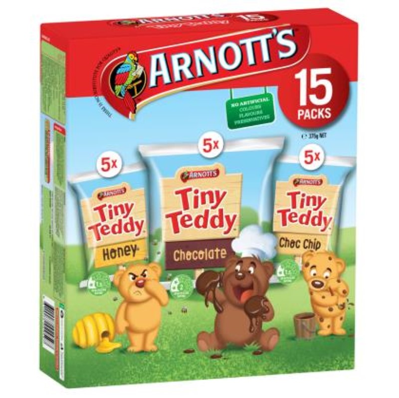 15-pack of Arnott's Tiny Teddy Biscuits in Chocolate, Honey, and Chocolate Chip, individually wrapped snacks, no preservatives.