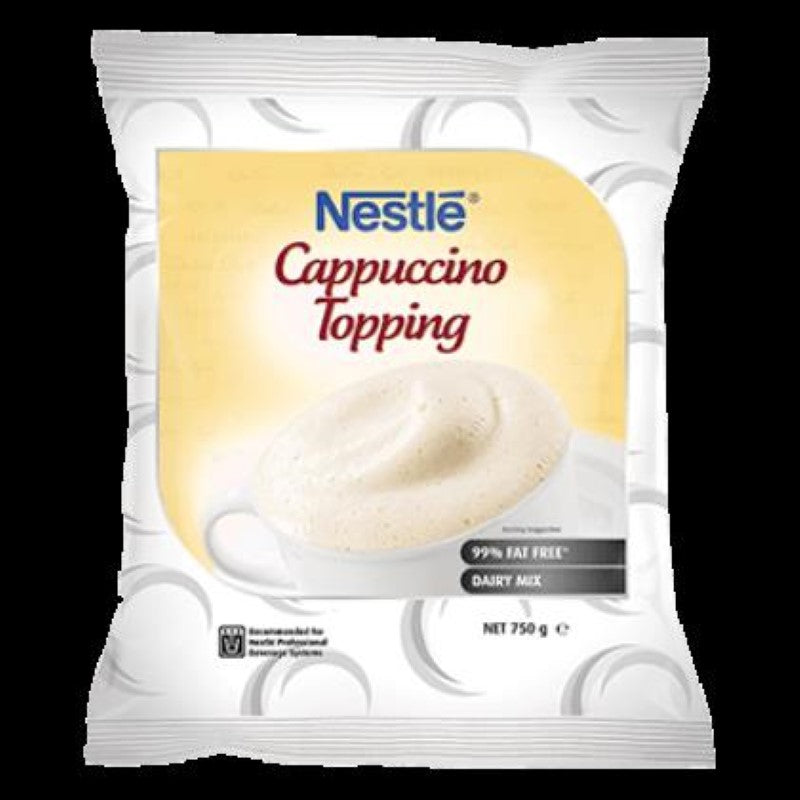 Nestle 750g Cappuccino Topping Mix Powder for a creamy, rich coffee experience at home, made from 100% pure soluble coffee.