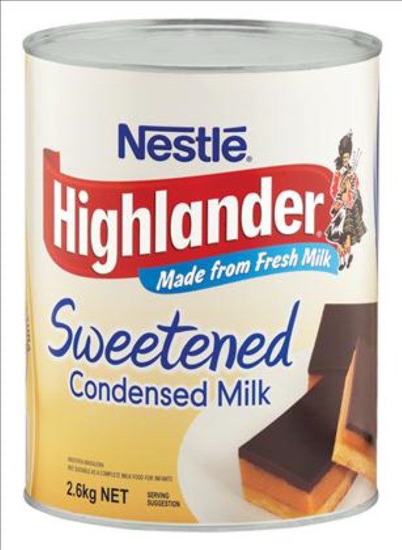 Highlander Milk Condensed 2.6KG: Rich, creamy, and perfect for baking or desserts with just milk and sugar.