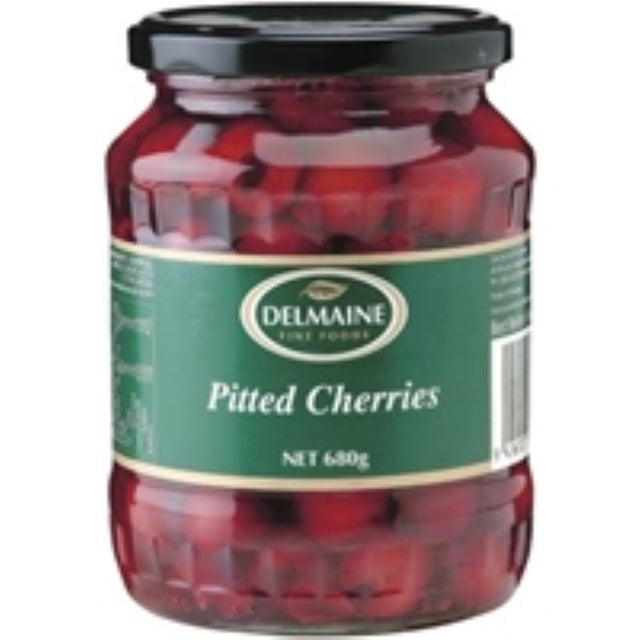 Delmaine 680g jar of pitted sour Morello cherries in light syrup, perfect for desserts, pies, and pairing with meats.