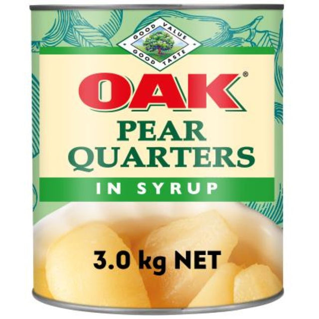 Oak Pear Quarters in Syrup, 3KG can, ideal for desserts and pastries, sourced from New Zealand.