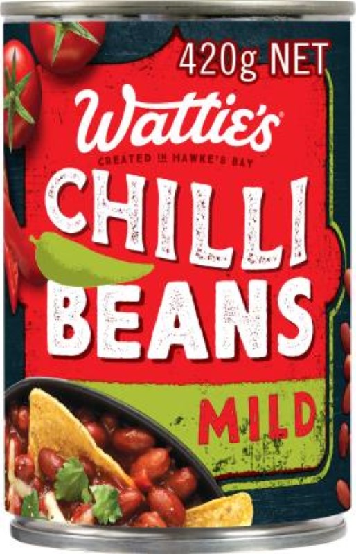 Wattie's 420g Beans Chilli Mild can featuring a flavorful blend of mild chili and beans, made in New Zealand.