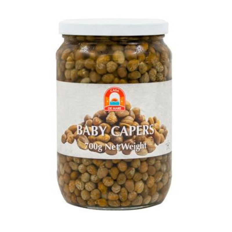 700g pack of Casa De Mare Baby Capers, imported from Turkey, ideal for enhancing gourmet dishes with briny flavor.