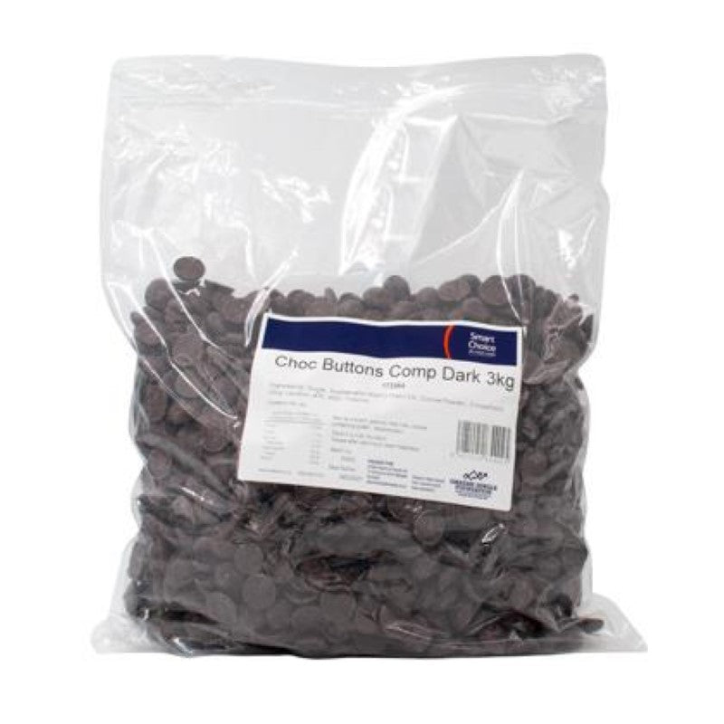 Smart Choice 3KG dark chocolate buttons for baking and decorating, rich cocoa flavor ideal for cakes, muffins, and desserts.