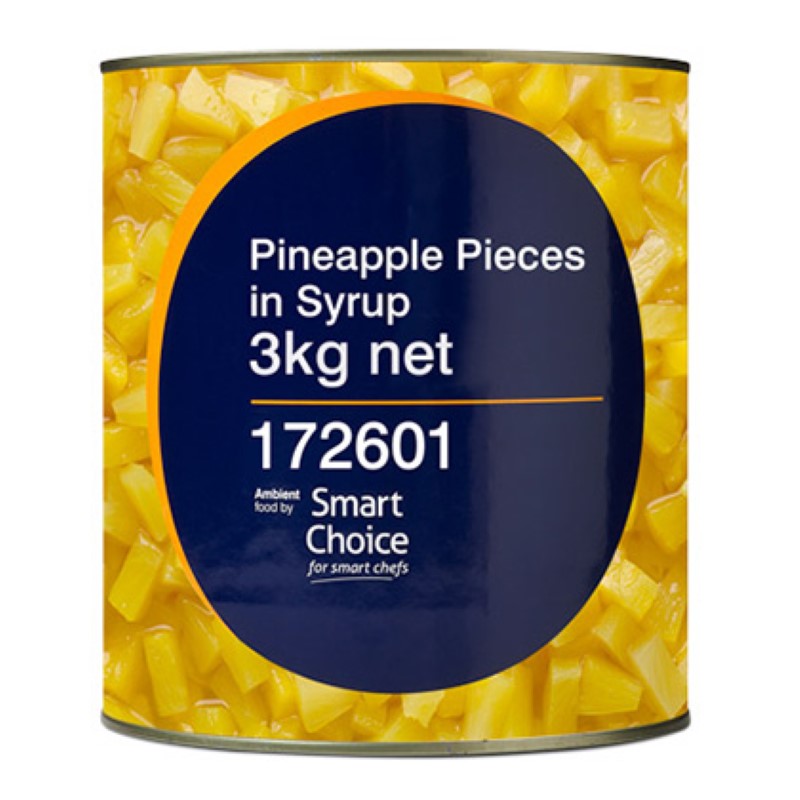 Tropical pineapple pieces in syrup, 3KG for desserts, cocktails, or standalone treats with a balance of sweet and tangy flavors.