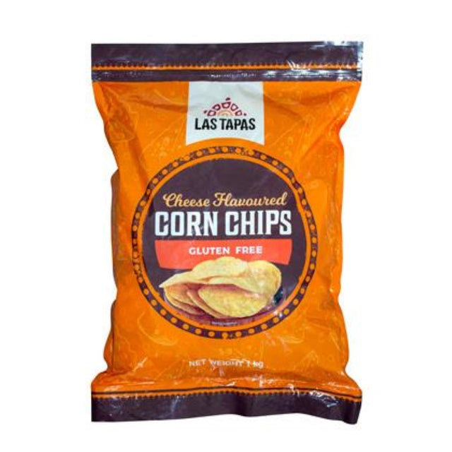 1KG pack of gluten-free Corn Chip Cheese Rounds from Las Tapas, perfect for parties and snacks with cheesy flavor.