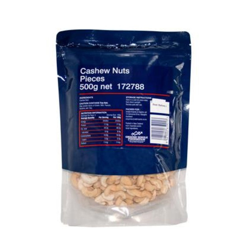 500g pack of creamy cashew nut pieces, perfect for snacking or adding to recipes for a nutritious crunch.