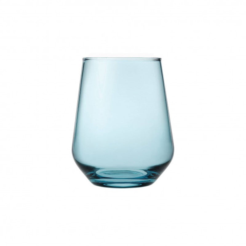 Set of 6 elegant Pasabahce Allegra stemless glasses in blue, perfect for cocktails and special occasions.