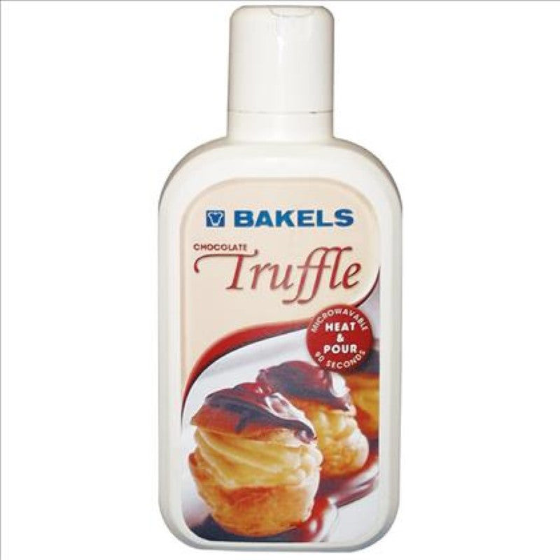 Bakels 1KG Chocolate Truffle Topping in a re-heatable bottle, ideal for garnishing cakes and desserts with a rich, velvety drizzle.