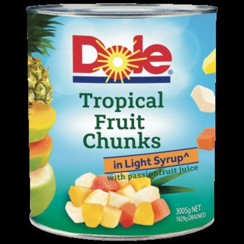 Dole's 3KG Tropical Lite Syrup with fruit chunks in passionfruit juice, ideal for guilt-free desserts and toppings.