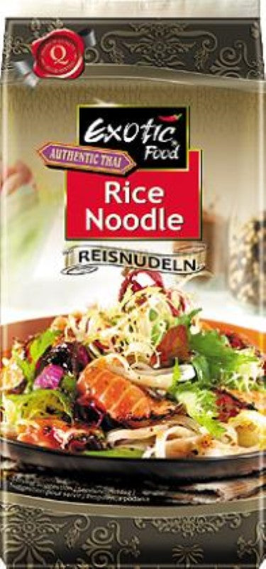 250G pack of large gluten-free rice sticks, perfect for Asian dishes like Pad Thai and soups, made in Thailand.