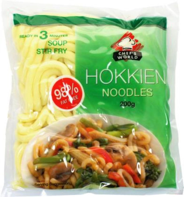 200g Chef's World Hokkien Noodles in vacuum pack, quick cook wet egg noodles ideal for stir-fries, soups, and salads.