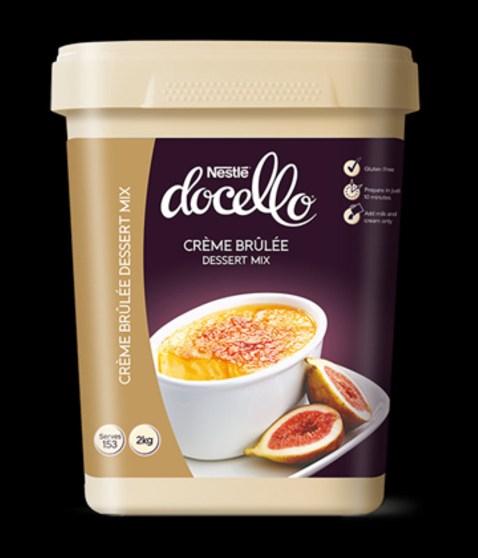 Nestle Docello 2KG Crème Brûlée dessert mix, gluten-free, creates restaurant-quality treats in 10 minutes.