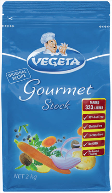 2KG pack of Stock Gourmet Vegeta by Podravka, a versatile gluten-free seasoning for soups, stews, and marinades.