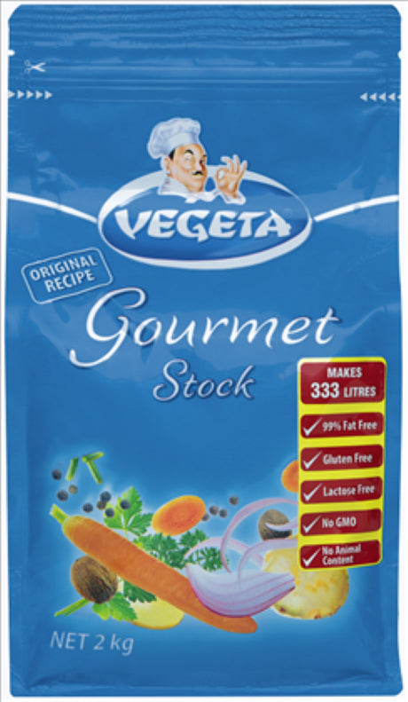 2KG pack of Stock Gourmet Vegeta by Podravka, a versatile gluten-free seasoning for soups, stews, and marinades.