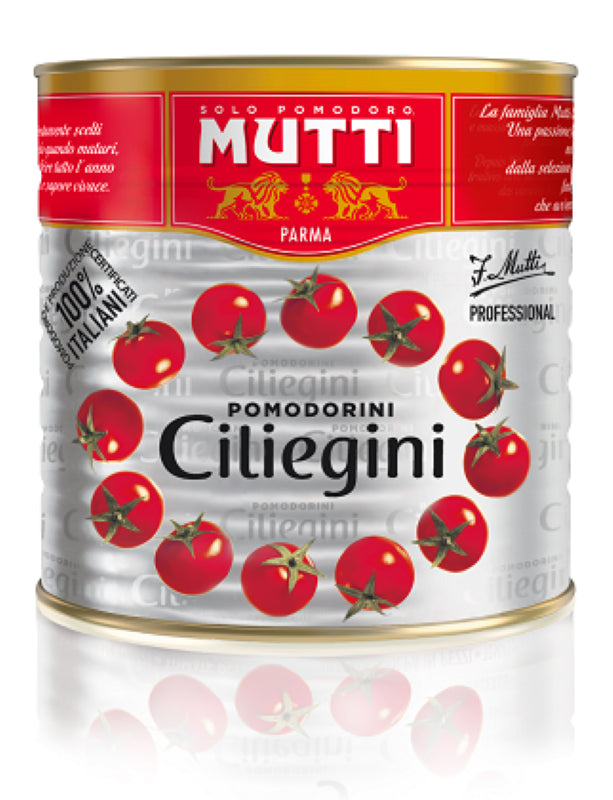 Tomato Cherry Pomodorini by Mutti, 2500g, showcasing sweet, ripe cherry tomatoes in vibrant red packaging.