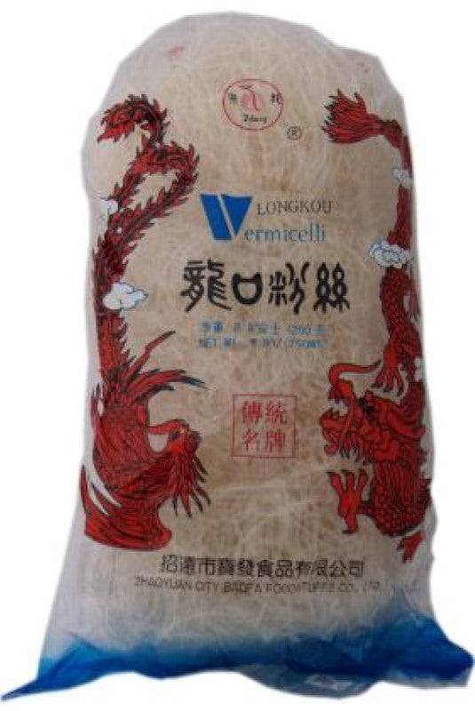 250g pack of Longkou Noodle Vermicelli, made from gluten-free mung bean starch, perfect for stir-fries and soups.